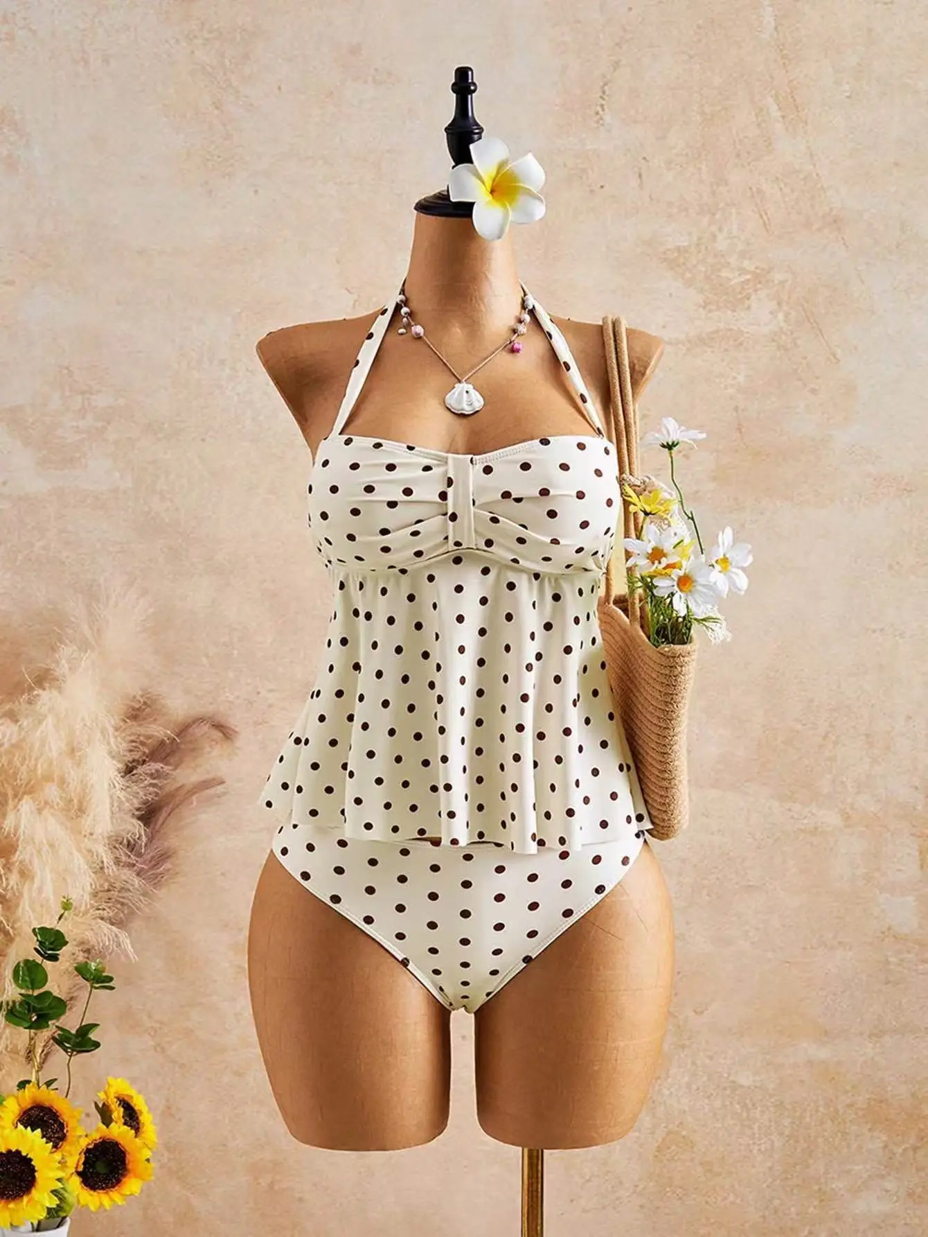 2026 Retro Polka Dot Halter Tankini Set Women Ruffle High Waisted Tummy Control Two Piece Swimsuit Swimwear Beach Vacation Suits