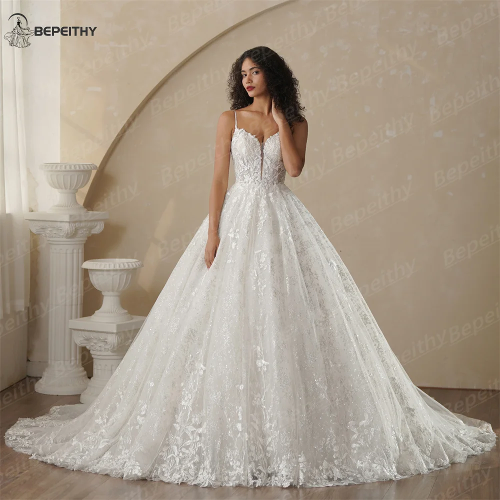 BEPEITHY Abiti da sposa avorio principessa glitter personalizzati per le donne Abito da sposa senza maniche in pizzo shinny con scollo a V 2025