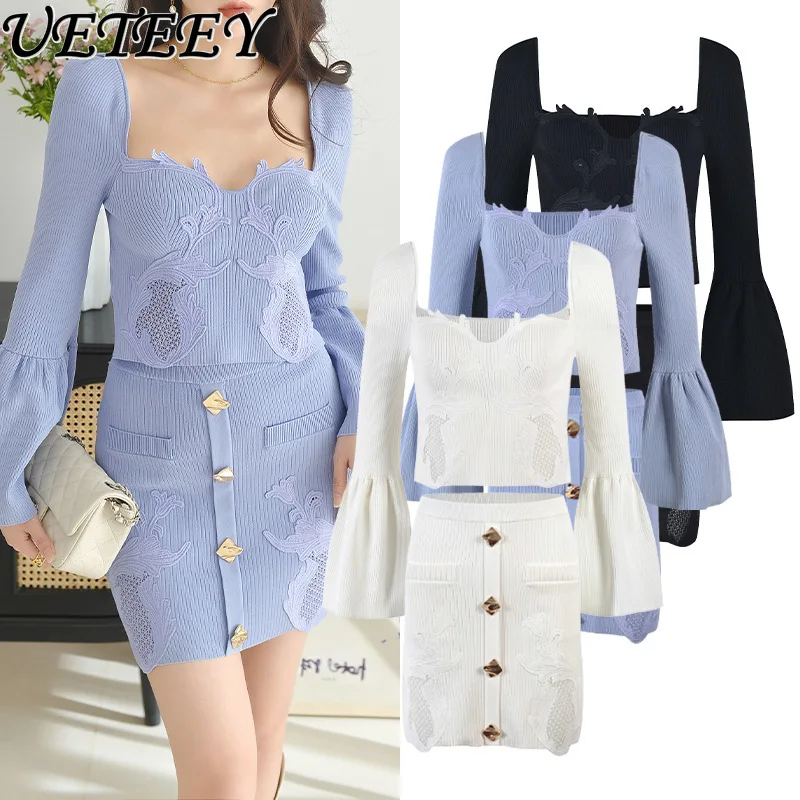 Spring Autumn New Solid Color Square Neck Flared Sleeve Lace 3D Hollow Knitted Top and Short Skirt Slimming Set for Women