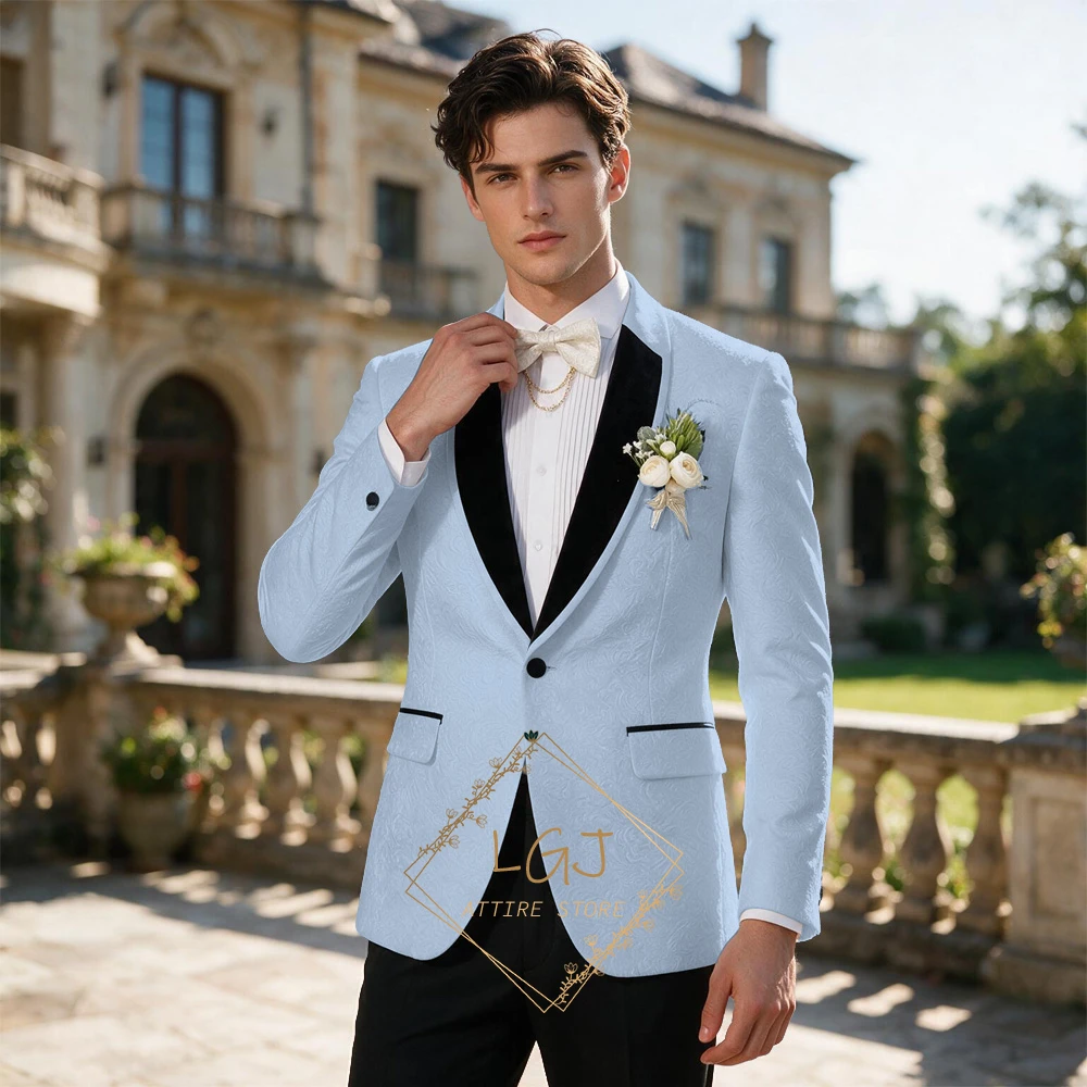 Men's 2PC Slim Fit Tuxedo Set Textured Floral Jacquard Blazer Satin Trim Shawl Collar Wedding Groom Suit Pants Custom Made