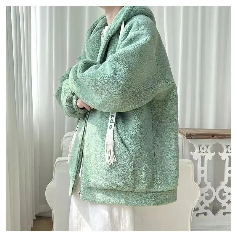 Fashion Bean Green Thick Drawcord Loose Coat Winter Men Hoodie Letter Shnedo Sweatshirt Long Sleeve Pullover Lamb Wool Male New