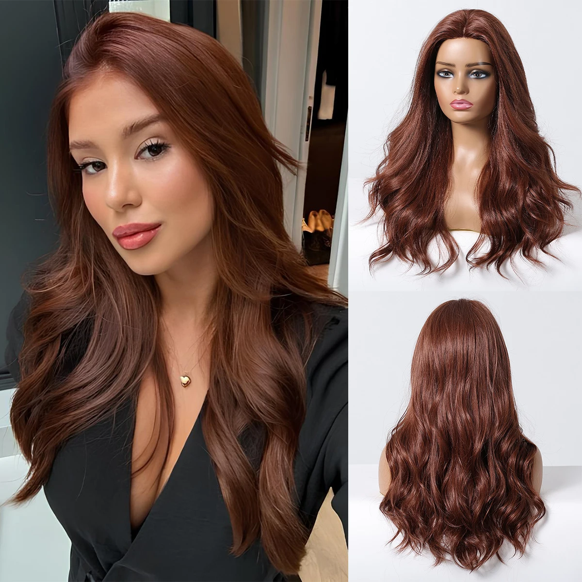 Auburn Brown Wavy Wigs for Women Long Curly Blend Hair Hand Tied Hairline Part Human Hair With Synthetic Wigs Daily Cosplay Hair