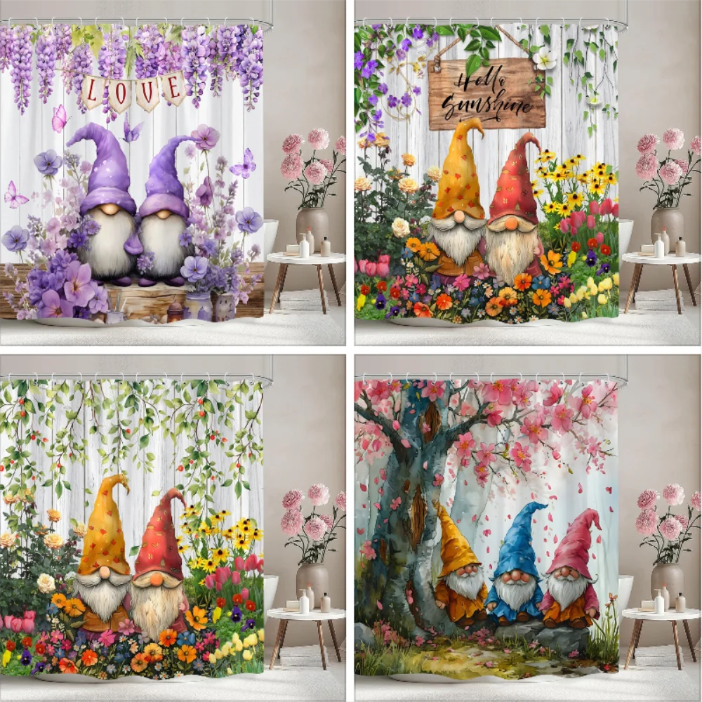 Cartoon Elf Kids Shower Curtain Spring Floral Botanical Lavender Watercolour Art Pattern Polyester Shower Curtain Bathroom Decor