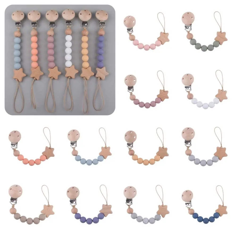 Pacifier Clips Chain Silicone Beads BPA Free DIY Dummy Clip Holder Star Wooden Clip Soother Chains Baby Teething Toys Chew Gifts