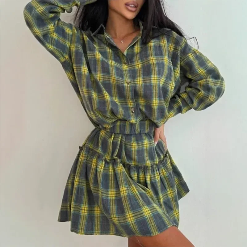 

Fashion Plaid Shirt Skirt Two Piece Sets Women Loose Outfit Elegant Long Sleeve Blouse And High Waist Mini Skirt Set Female Suit
