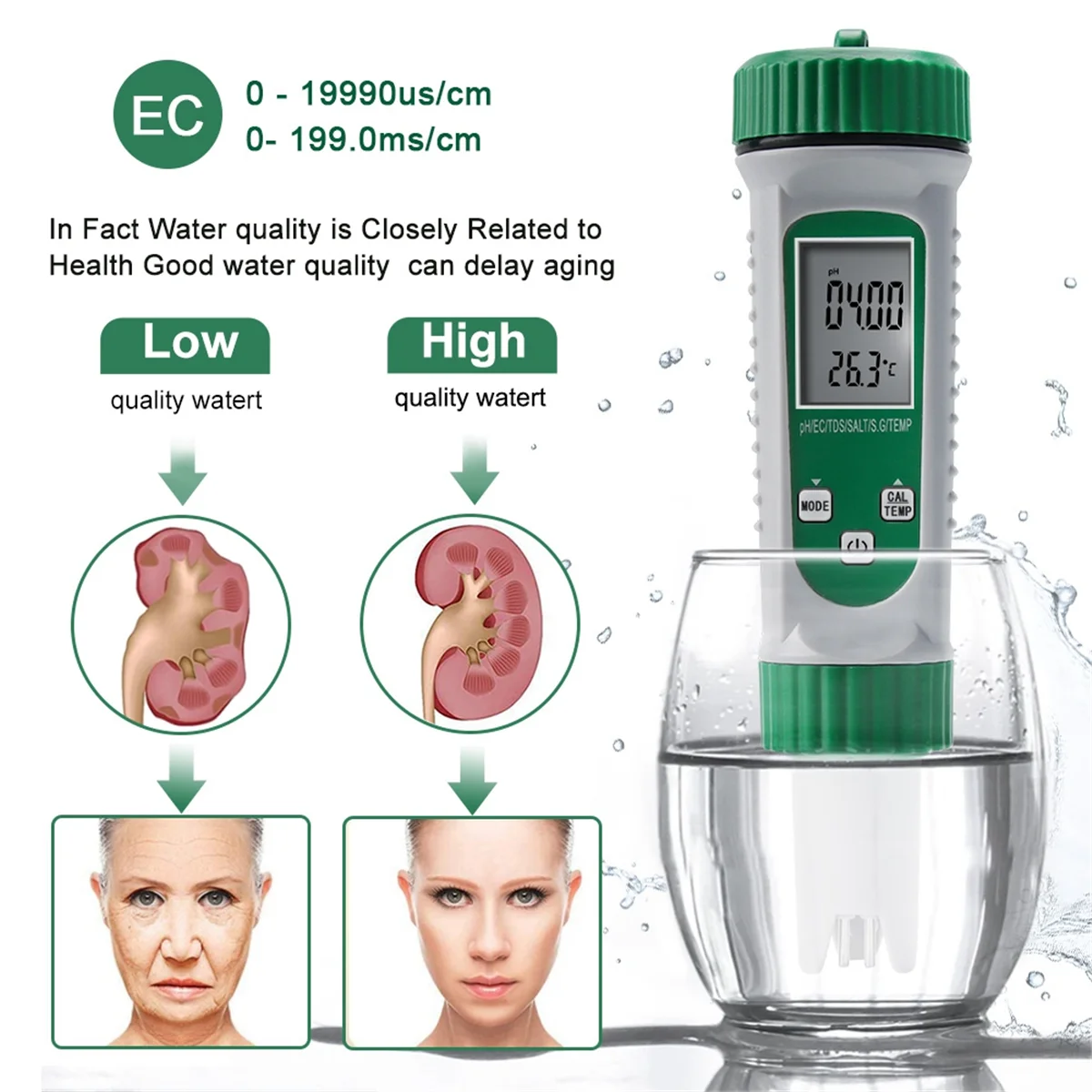 A71Z เครื่องวัดค่า PH แบบดิจิตอลอเนกประสงค์ 6-in-1 สําหรับการทดสอบคุณภาพน้ําวัดค่า PH, EC, TDS, SALT, S.G และ TEMP