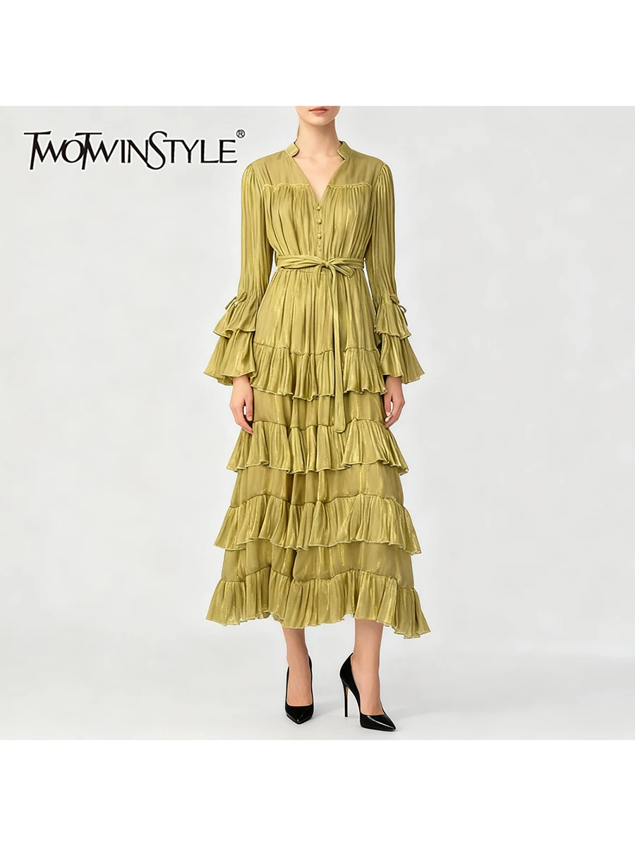 

TWOTWINSTYLE однотонные модные платья со складками и оборками для женщин, v-образный вырез, длинные рукава, высокая талия, лоскутное платье на шнуровке, женское