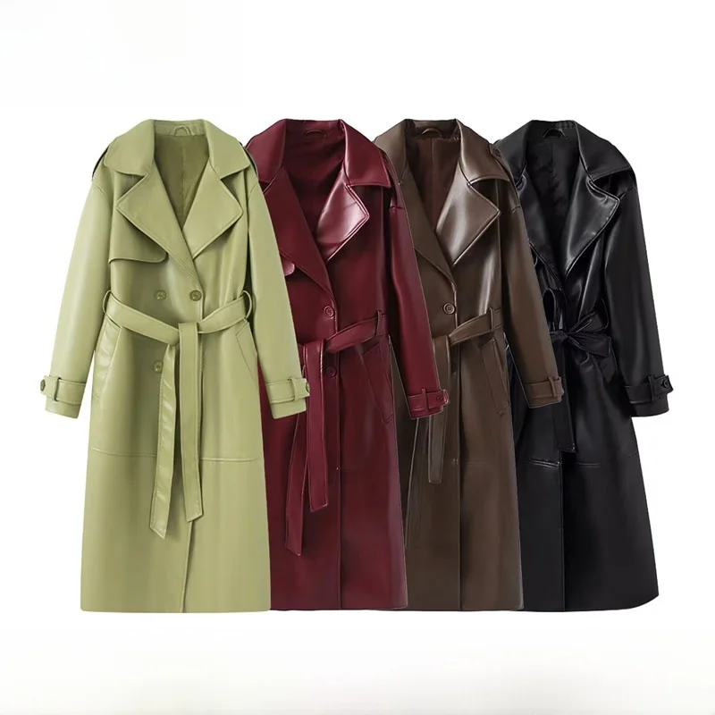 

Faionable Street Sle Long Leather Coat New Autumn Winter Pure Color Simple Design Slimming Outerwear Women's Premium Wool