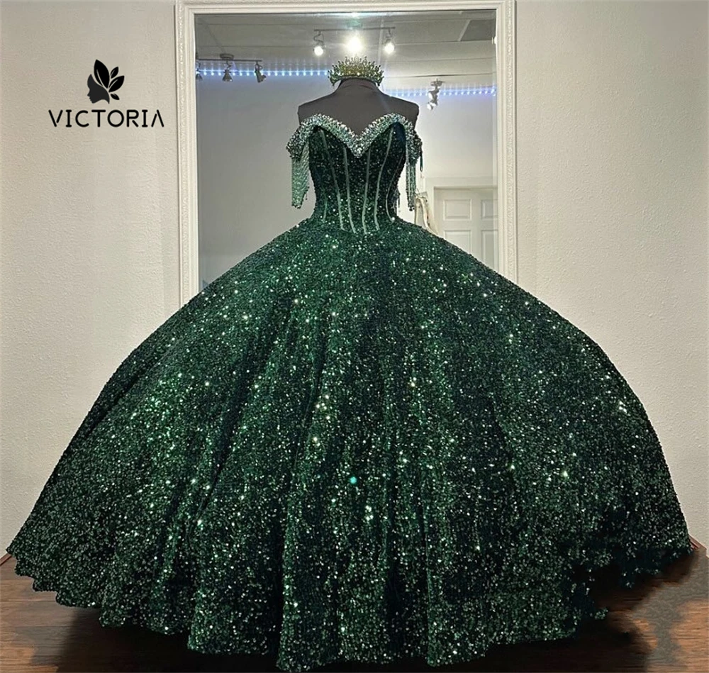 Fabulous Emerald Green Quinceanera Dress Puffy Ball Gown Off Shoulder Birthday Lace Up Sweet 15 16 Dress vestido de quinceañera