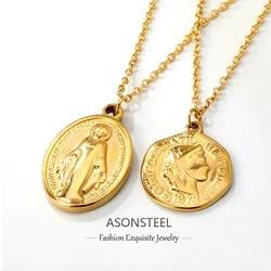 ASONSTEEL Fashion Virgin Mary Jesus Oval Long Chains Pendant Necklace For Woman/Man Stainless Steel Religious Christian Jewelry
