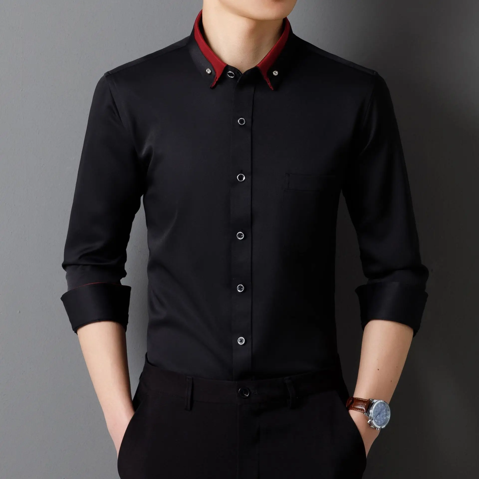 Men's Stretchy Shirt Diamond Button Long Sleeve Business Casual Wrinkle Free Formal Dress Shirts For Men  camisas TS-936