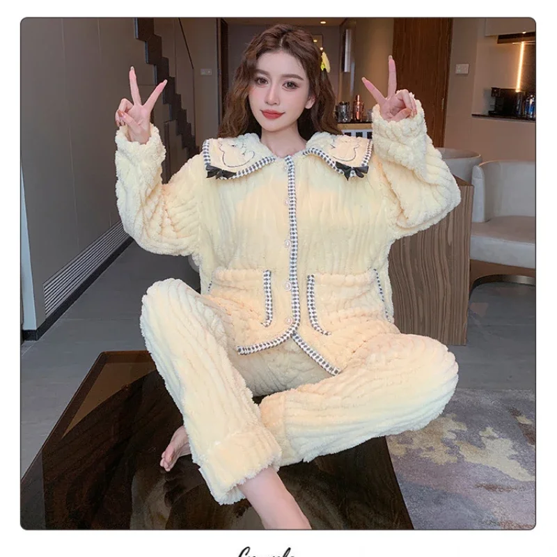 5XL Large Size Plush Pajamas Women\'s Winter Coral Fleece Homewear Sweet Ins Long-sleeved Cardigan Trousers Loungewear Outwear