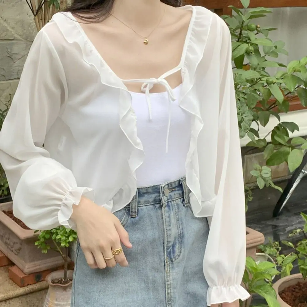 

Wraps Ruffle Sun Protection Cape Chiffon Summer Long Sleeves Short Top Coat Korean Style Shawl Sunscreen Shawl Lace Cardigan
