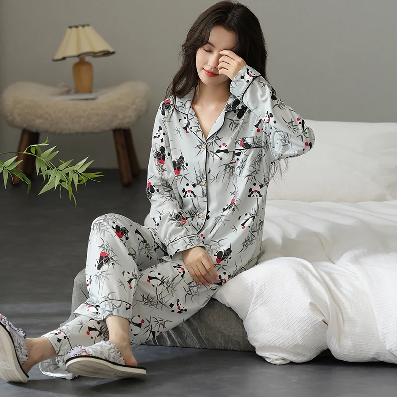 Animal pandas pattern home clothes modal cotton pajamas set for female spring autumn lapel v neck cardigan women sleepwear