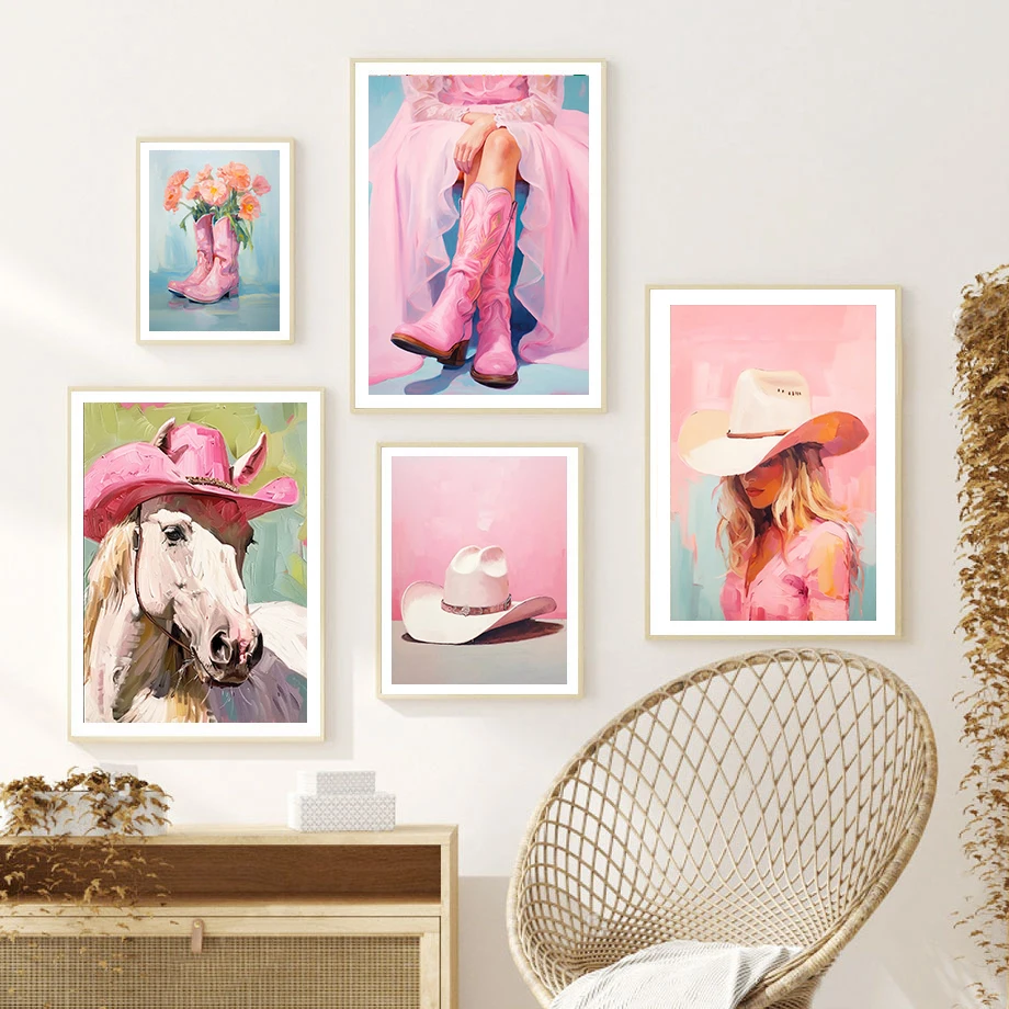 Pink Cowboy Hat Boots Trendy Cowgirl Printable Girly Room Wall Art Canvas Painting Nordic Poster Home Living Room Decor