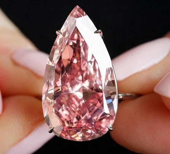 New water drop pear-shaped pink crystal topaz silver ring, creative exaggerated women's hand jewelry