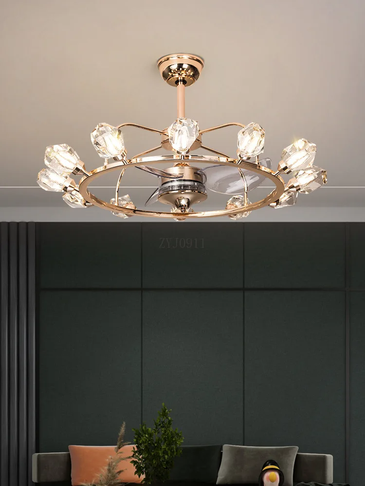 Luxury crystal living room invisible fan light frequency conversion dining room European silent light luxury ceiling fan light