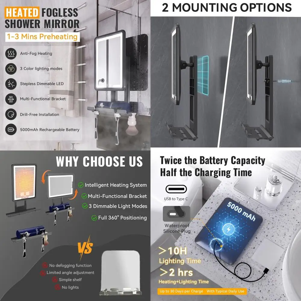 مرآة دش ساخنة مضادة للضباب مع أضواء ثلاثية الأبعاد، قابلة للتعديل، قابلة لإعادة الشحن، صينية تخزين، حاملات ماكينة الحلاقة والفرشاة، هدية مثالية بالنسبة لي #1