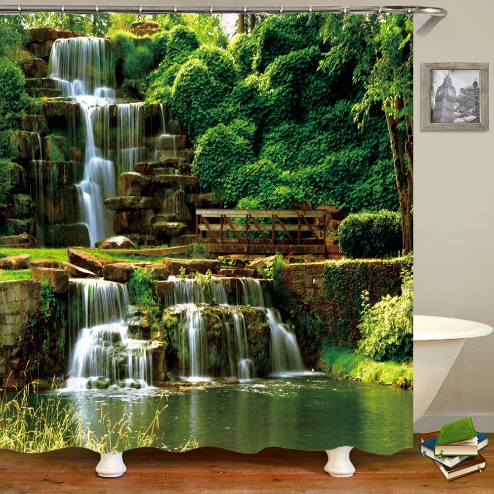 Rideau de douche imperméable avec crochets, impression 3D moderne, paysage forestier, plante verte, arbre, bain