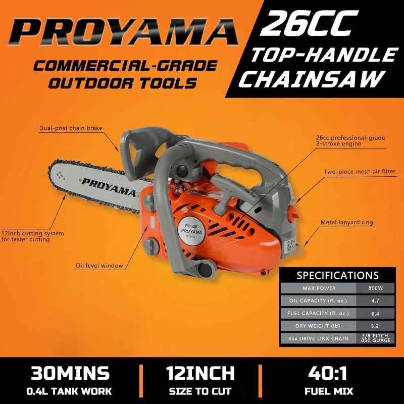 Gás alimentado motosserra, gasolina Handheld Chain Saw sem fio para árvore, corte de madeira, 2 Ciclo Top Handle, 12 ", 26CC