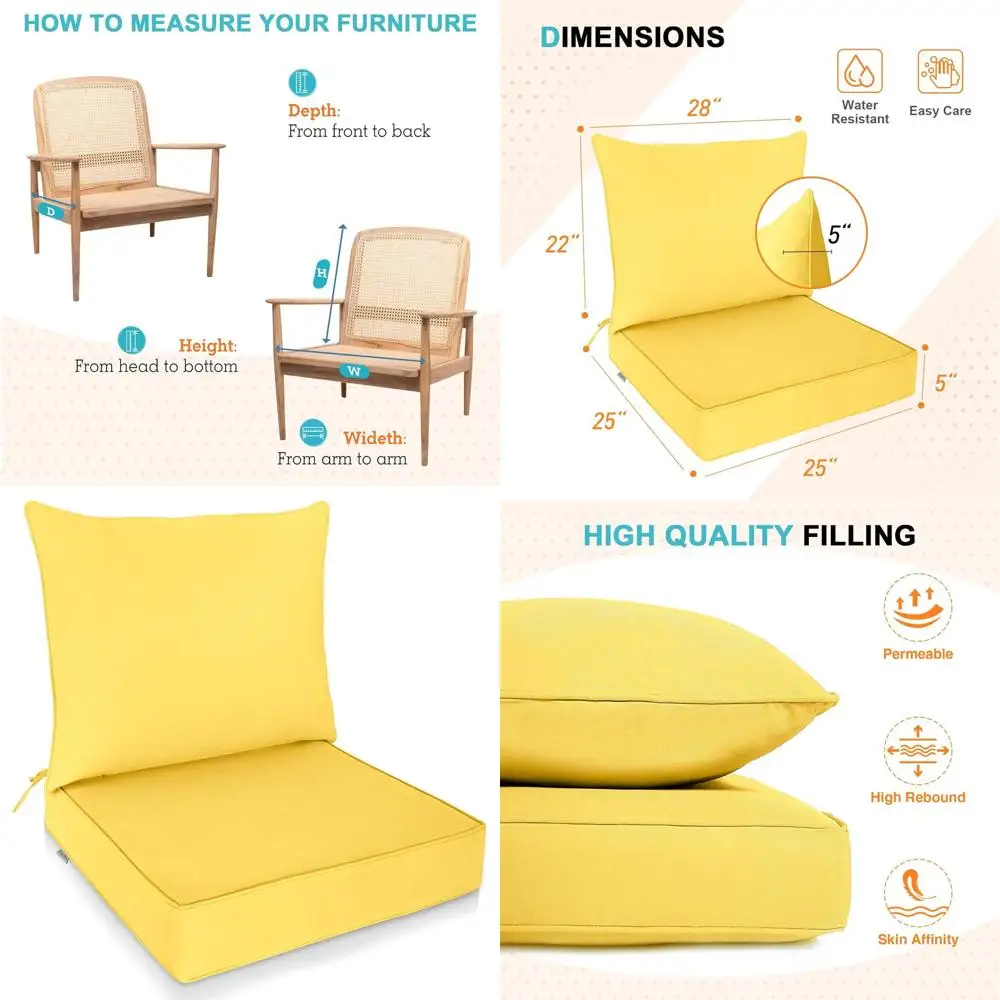 

Set of 2 Yellow Outdoor Deep Seating Patio Chair Cushions, 25x25x5 inches