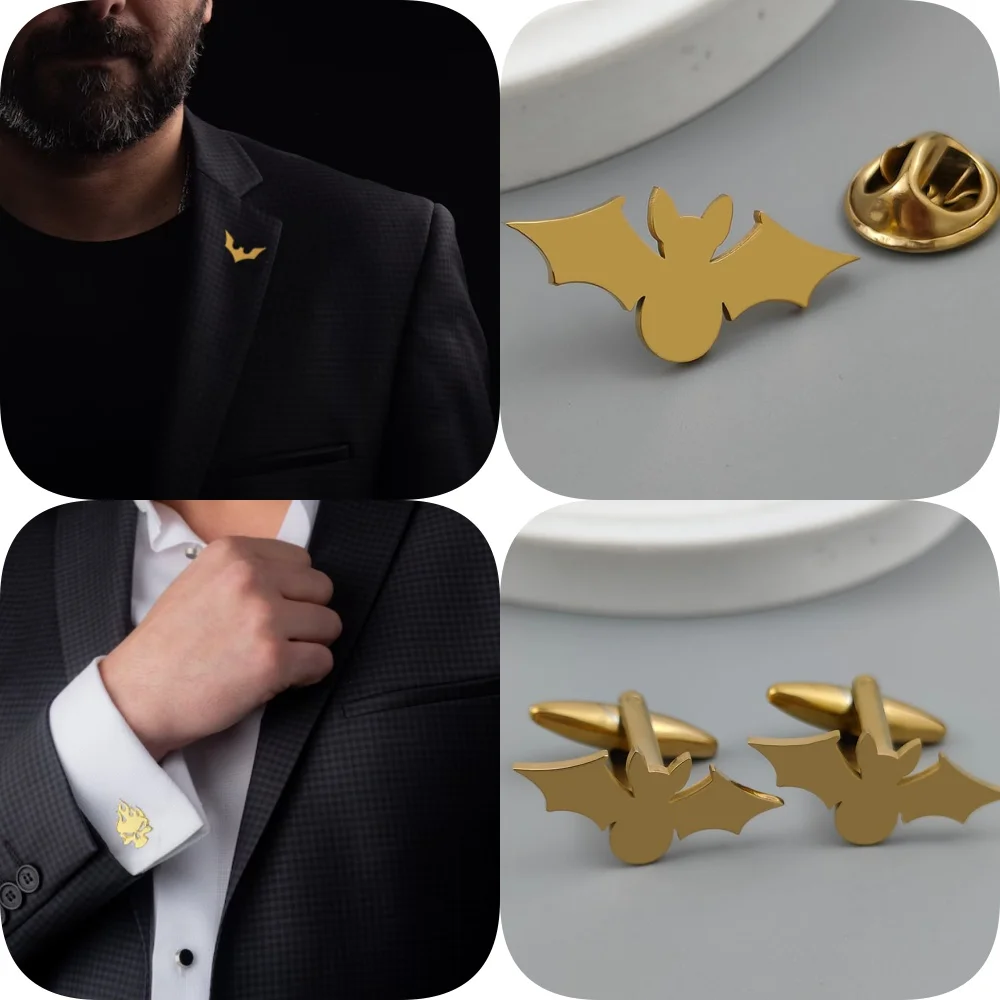 Fashionable animal bat gold plated stainless steel brooch, men's suit lapel pin, shirt buttons, cufflinks and badge set