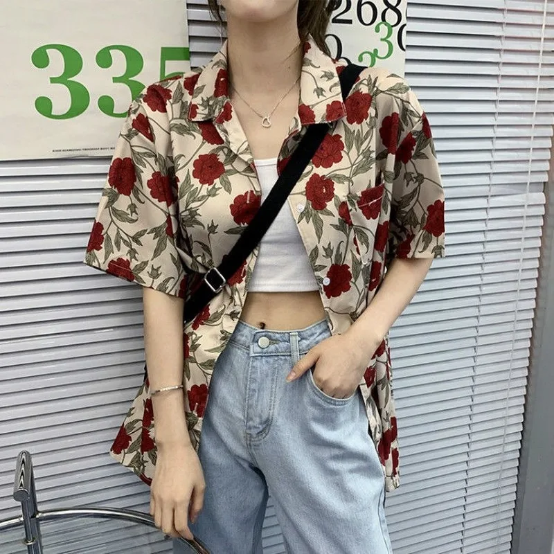 Women Shirts Short Sleeve Summer Sum-proof Harajuku Rose Print Vintage Retro Korean Style Loose Teens Streetwear Chic Tops 2022