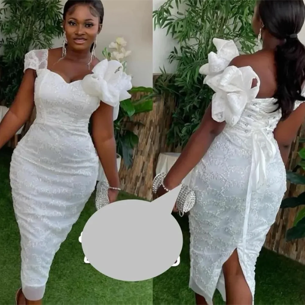 

Белые кружевные платья для выпускного вечера Aso Ebi с рюшами и короткими рукавами на шнуровке сзади Вечерние платья с разрезом Женское вечернее платье для торжественных случаев