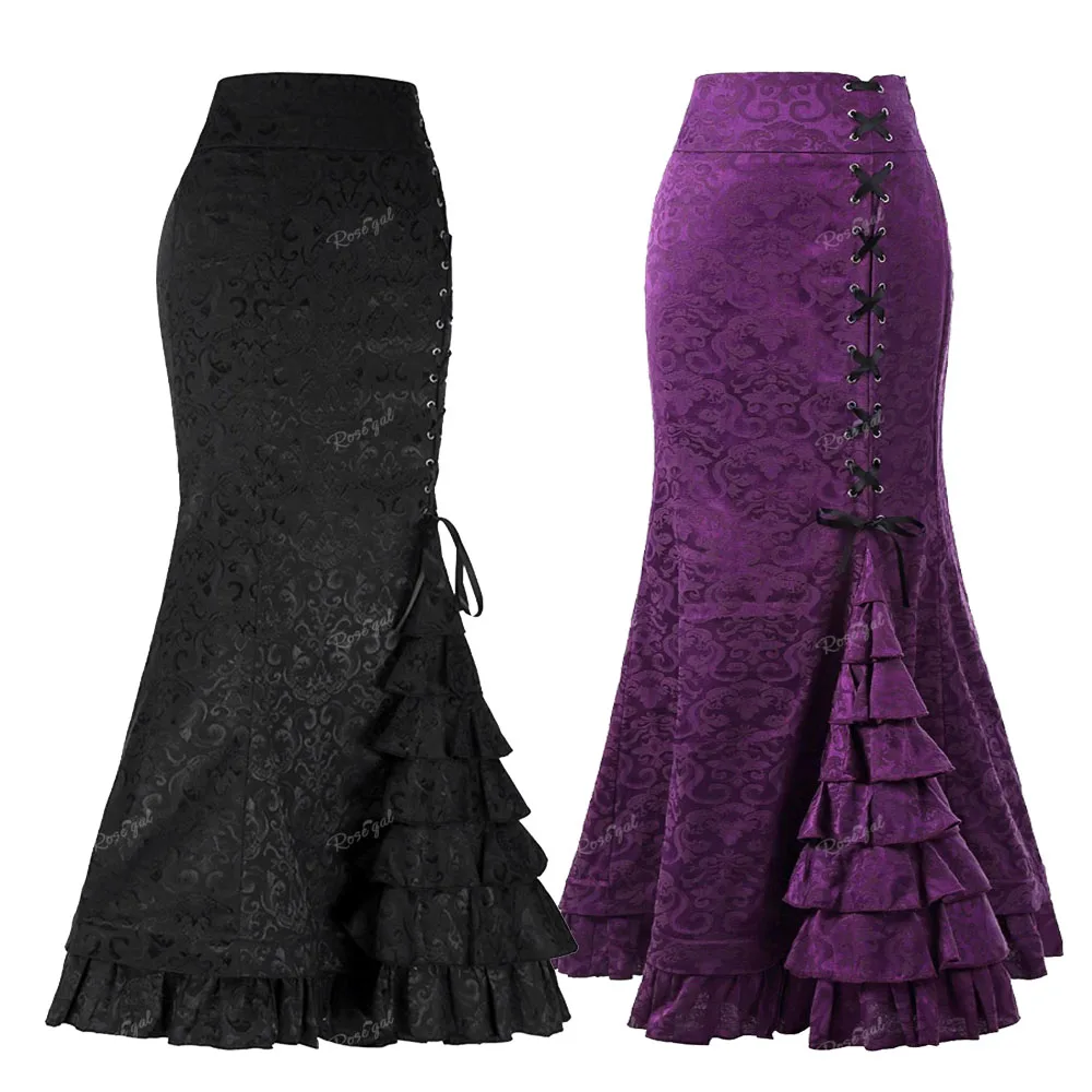 ROSEGAL Plus Size Side Lace Up Vintage Ruffles Skirts Women Gothic Asymmetrical Ankle-Length Mermaid Skirt New Long Bottom Skirt