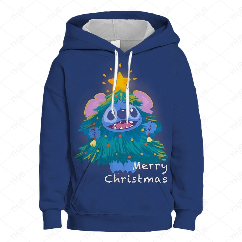 2024 New Disney Children Clothes Stitch Girls Merry Christma Girls Short Sweatshirt Print Pullover Casual Cartoon Girls Top