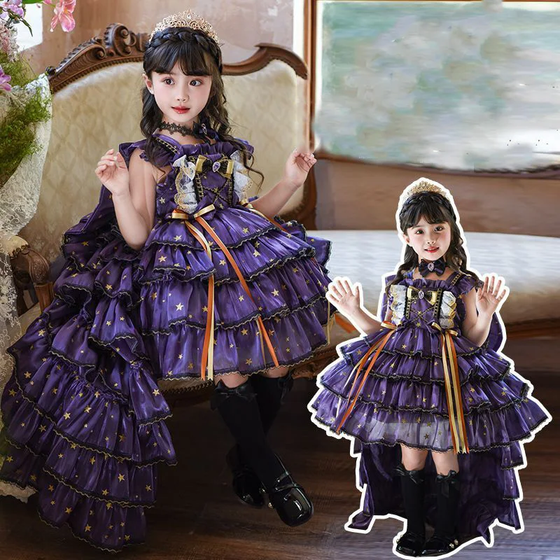 

Anime Kuromi Girl Lolita Princess Dress with Bow Decoration Layered Ball Gown Fluffy Skirt Kids Halloween Party Outfit