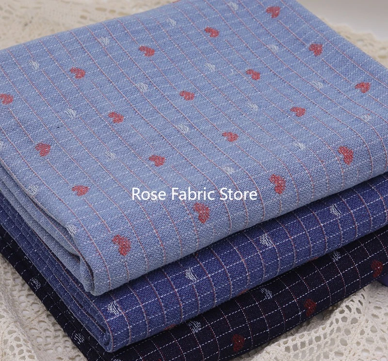 1 meter heart-patterned washed jacquard denim fabric for denim jackets, jeans, dresses, and DIY sewing materials.