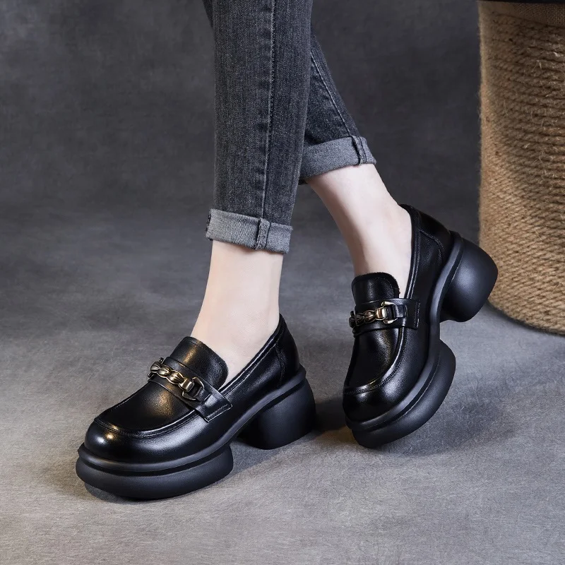 DRKANOL Women Platform Loafers Luxury Design Thick High Heel Pumps Ladies Slip On Genuine Leather Metal Round Toe Casual Shoes