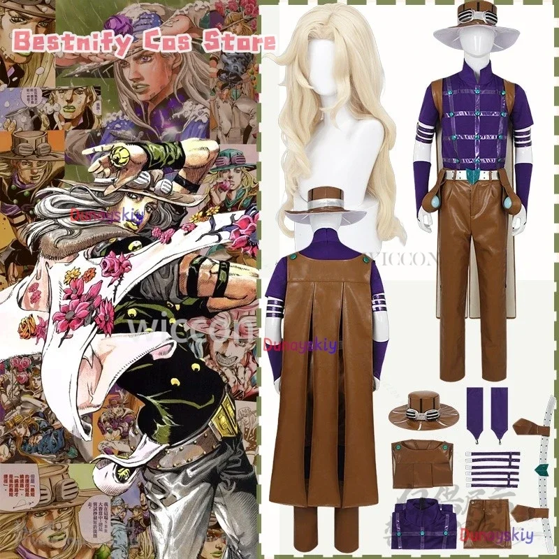 

CosplaySbr Anime Jo Cosplay NEW Bizarre Costume Gyro Zeppli Sexy Pu Pants Purple Tights Racewear Suits Cape Hat Wigs Props Custo