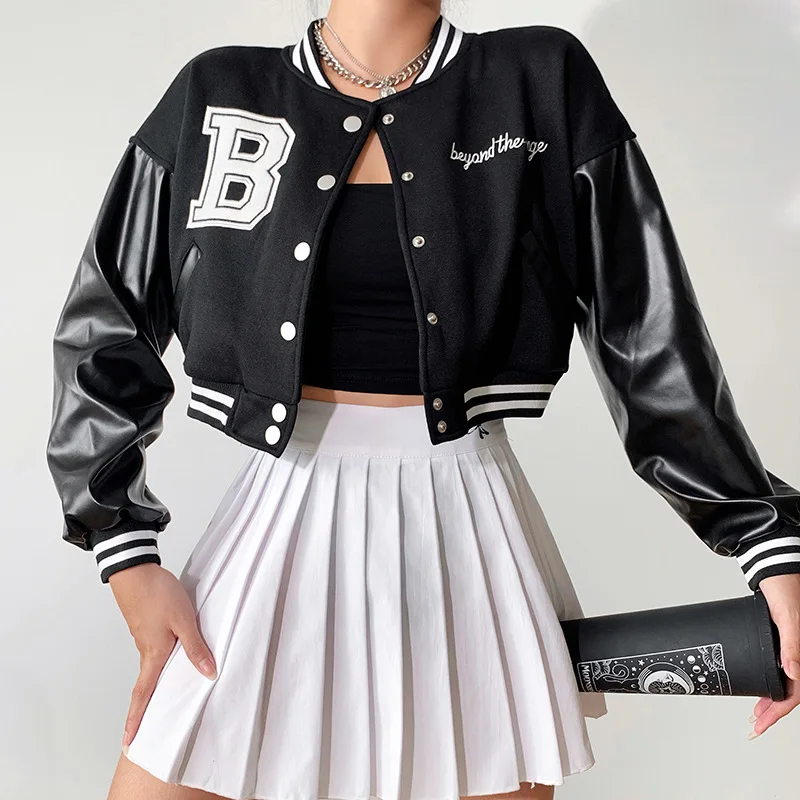 Chaqueta de uniforme de béisbol de gran tamaño para mujer, abrigo superior de bombardero, patrón bordado de letras, chaqueta de manga larga con bolsillo, Y2K