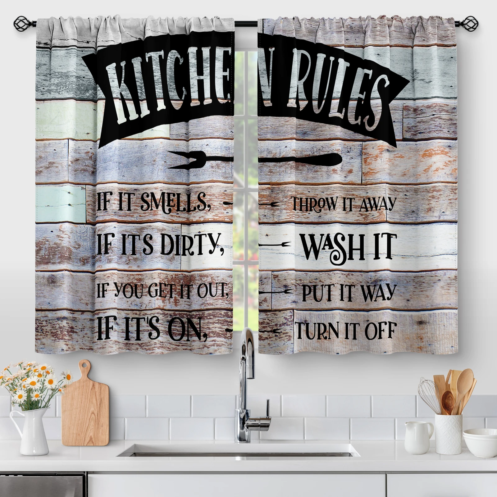 

2 Panels Teal Wooden Kitchen Curtains, Farmhouse Rustic Barn Wood Country Retro Small Short Cafe Tier Curtains