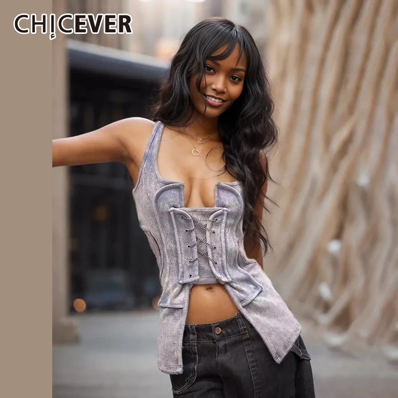 

CHICEVER Sexy Slim Vests For Women Square Collar Sleeveless Backless Hollow Out Hit Color Spliced Lace Up Folds Tops Female New