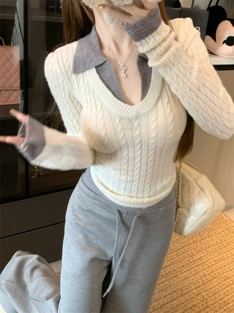 

Autumn Winter Unique Knitted Long Sleeve Twist Sweater Short Design Slim Fit Turn-down Collar Fake Two-Piece Top for Women