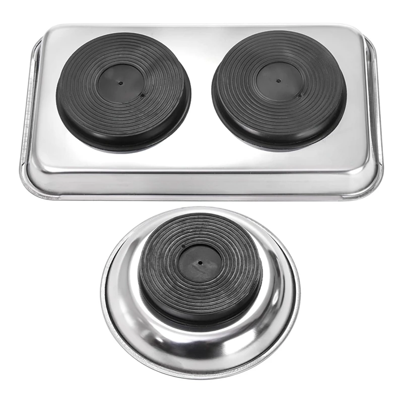 3 Pcs Magnetic Parts Tray Set, Stainless Steel Heavy Duty Square And Round Extra Strong Magnetic Tool Trays Holder