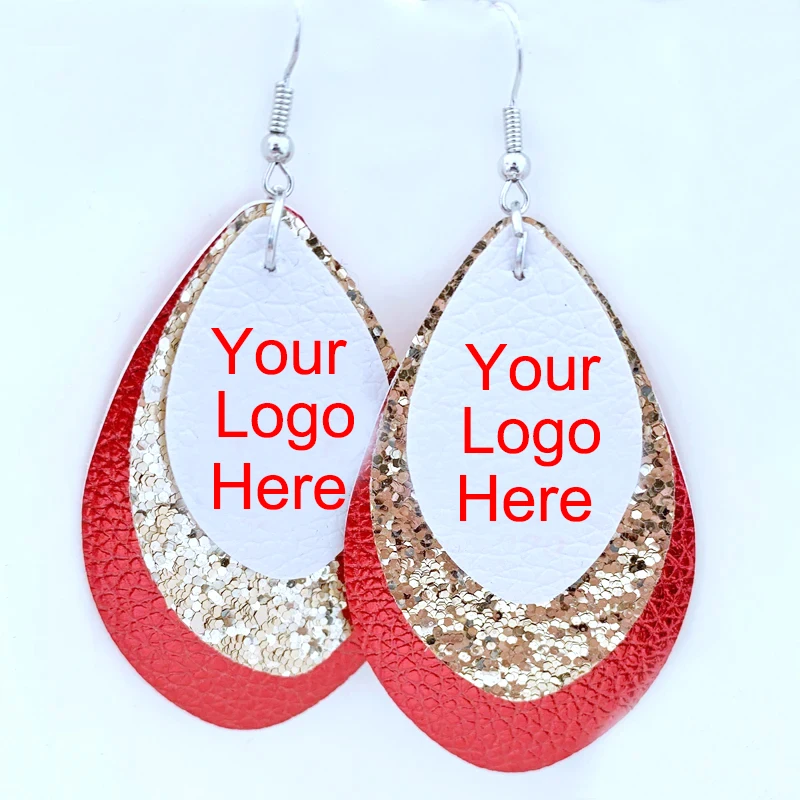 New Layer Glitter Teardrop Leather Earrings Wholesale Custom Your Logo