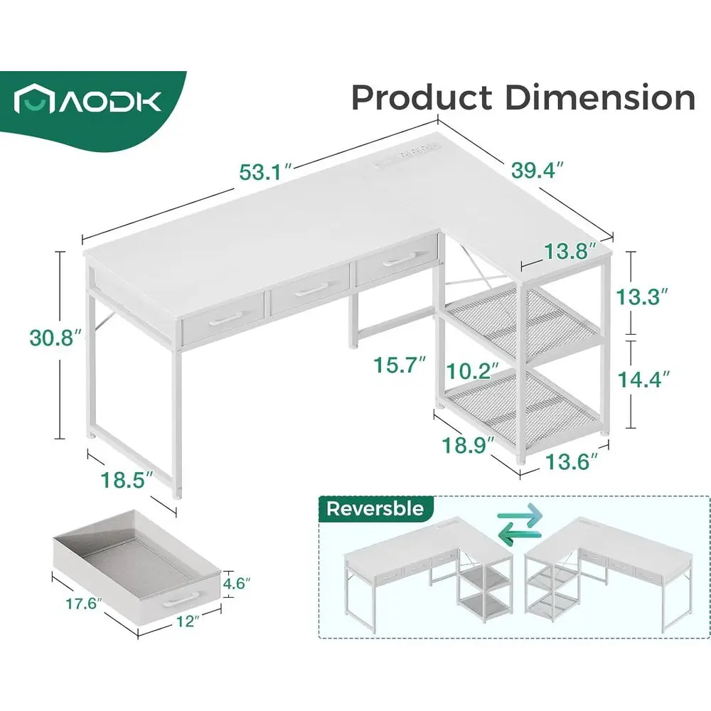 53-дюймовый белый L-образный компьютерный стол с выдвижными ящиками, угловой стол с розетками и двусторонними полками для хранения, регулируемый