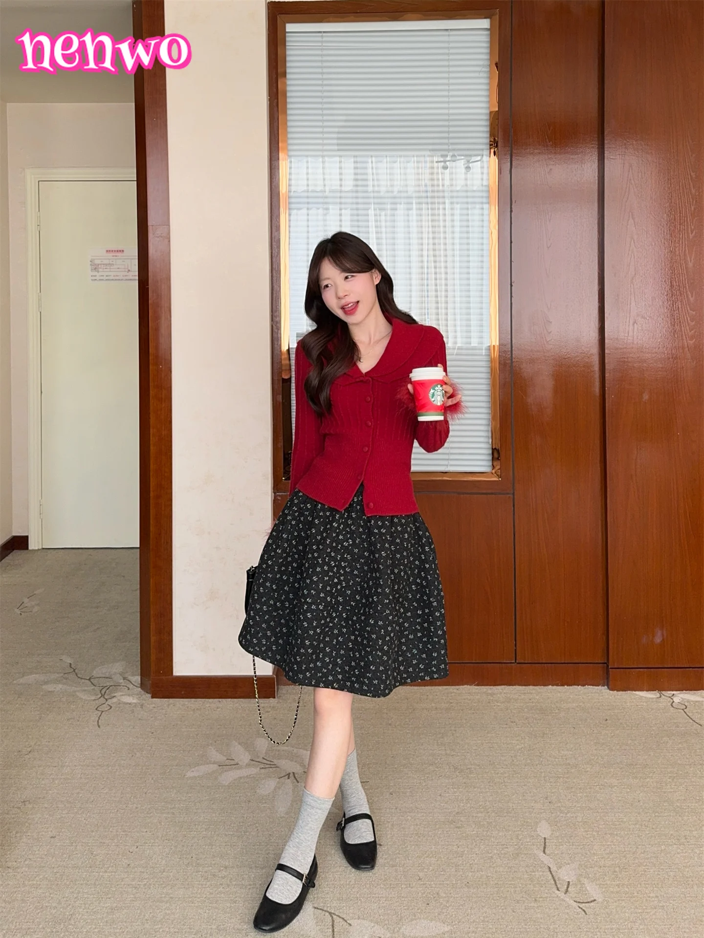 النمط الفرنسي لطيف بدوره إلى أسفل طوق كم طويل محبوك سترة علوية للنساء الخريف الشتاء الحلو دعوى الصوف الأزهار تنورة faldas