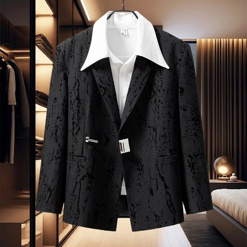 2025 Spring and Autumn New Korean Style High-End Gray Tie-Dye Blazer Jacket Black Loose Casual Shirt and Pants Set