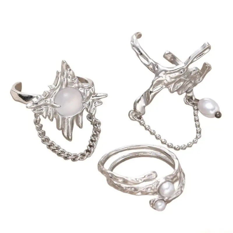 31BF Set of 3 Irregular Dating Rings Adjustable Finger Rings Geometric Open Rings Chain Rings Suitable for Party and Daily