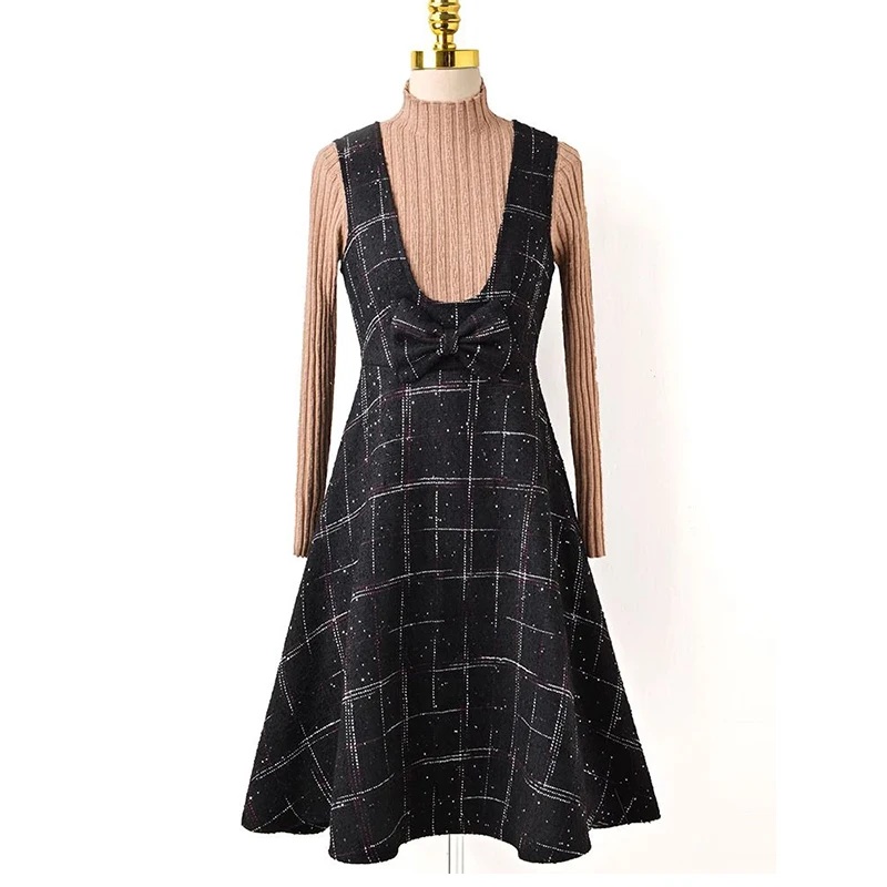 Autumn Winter Half High Collar Solid Color Bottoming Sweater Vintage Plaid Printing Bow Tank Dress Set Women Jumpers Robe Suit