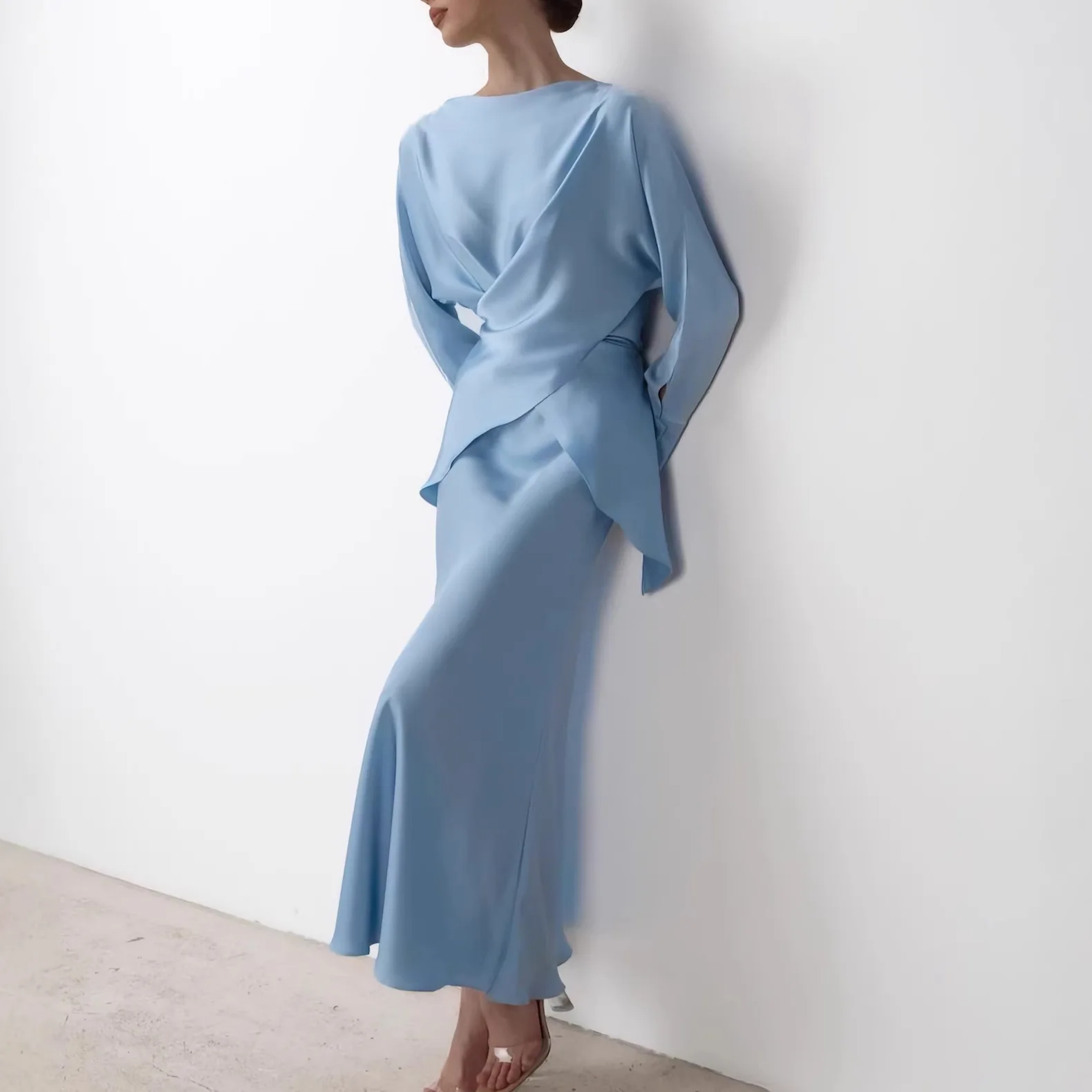 

Spring Two Piece Set Elegant Satins Outfit Women Long Sleeved Lace Up Top+High Waist Loose Straight Bust Skirt Autumn Female