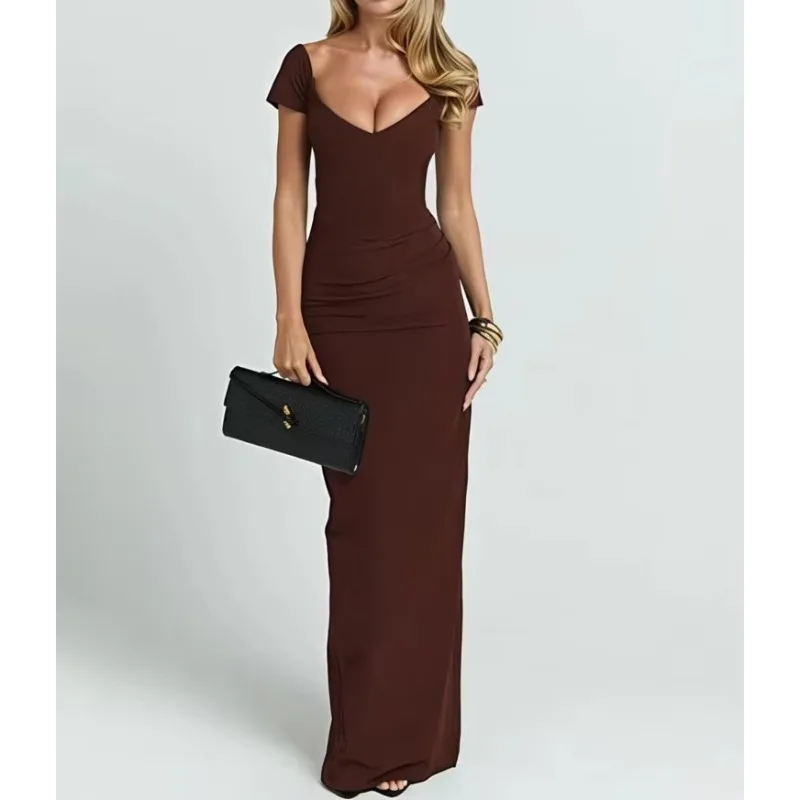 V Neck Short Sleeve Sexy Maxi Dress Women Elegant Off-shoulder Backless Back Split Bodycon Club Party Long Dress