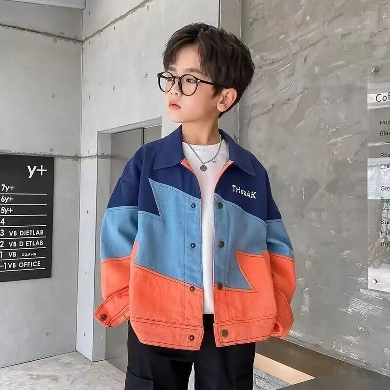 Spring Autumn  Boy Denim Jacket Cotton Turn Down Collar Solid Baby Boy T-shrit Loose Sticker Single Breasted Casual Kid Boy Coat