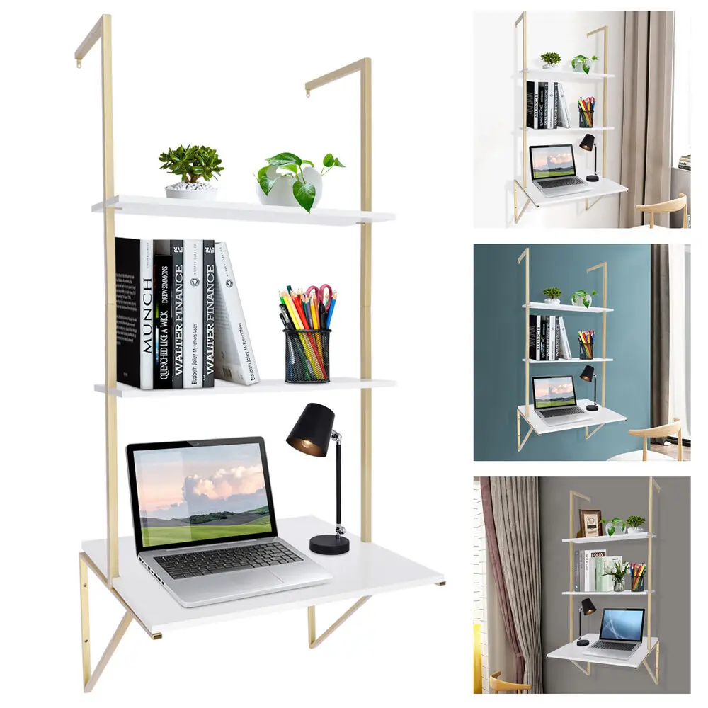 3 Layers Ladder Desk Computer Writing Table Floating Shelves Laptop Display Rack