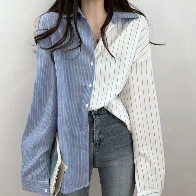 Blusa informal Coreana de retales a rayas para mujer, camisa de manga larga con un solo pecho, popular, moda de otoño